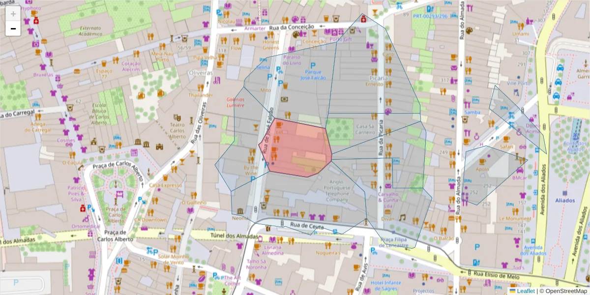 Mapa detalhado do código postal 4050-315 com limites, códigos postais vizinhos e agências dos correios