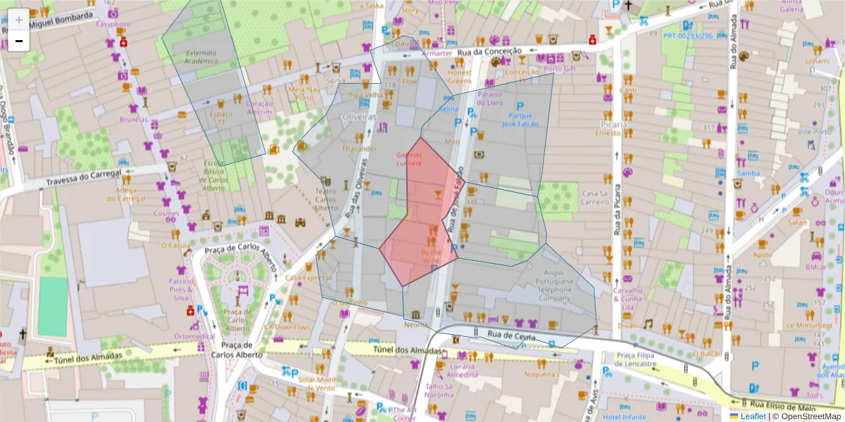 Mapa detalhado do código postal 4050-317 com limites, códigos postais vizinhos e agências dos correios