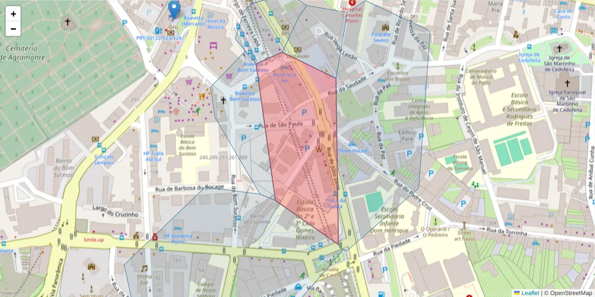 Mapa detalhado do código postal 4050-326 com limites, códigos postais vizinhos e agências dos correios