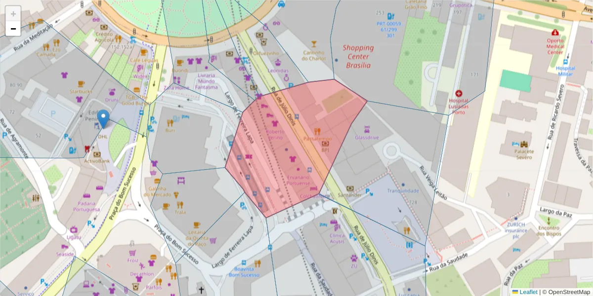Mapa detalhado do código postal 4050-327 com limites, códigos postais vizinhos e agências dos correios