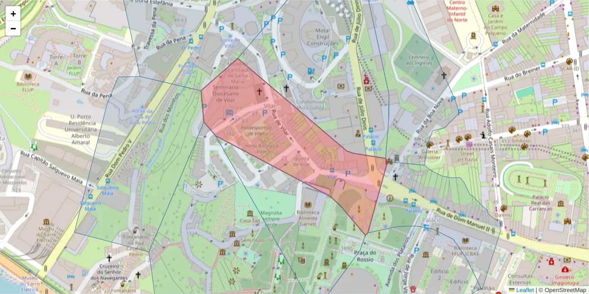 Mapa detalhado do código postal 4050-344 com limites, códigos postais vizinhos e agências dos correios