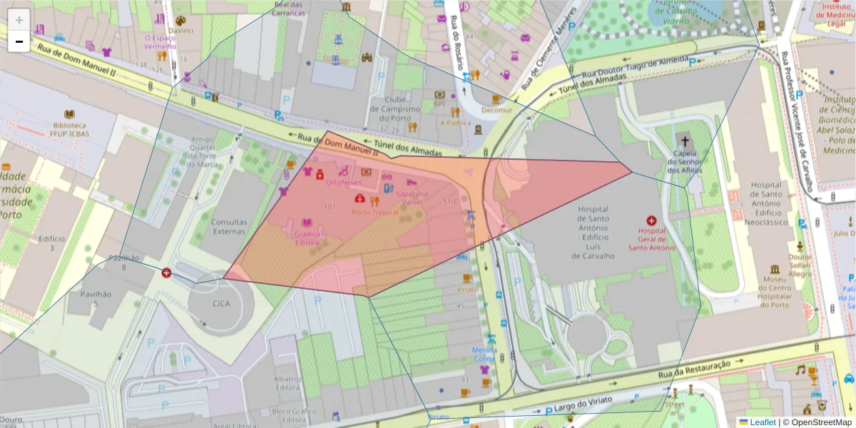 Mapa detalhado do código postal 4050-345 com limites, códigos postais vizinhos e agências dos correios