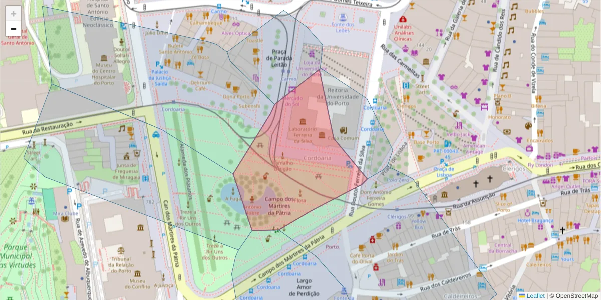 Mapa detalhado do código postal 4050-368 com limites, códigos postais vizinhos e agências dos correios