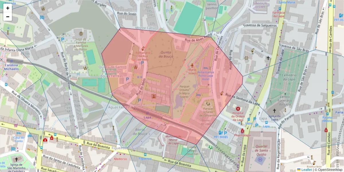 Mapa detalhado do código postal 4050-372 com limites, códigos postais vizinhos e agências dos correios