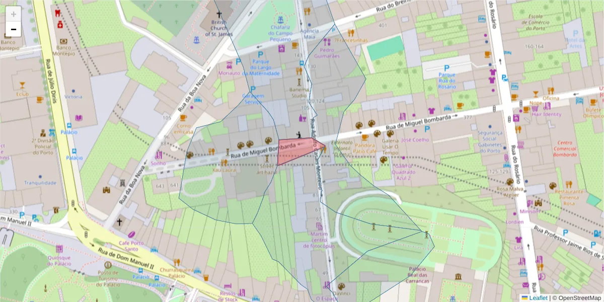 Mapa detalhado do código postal 4050-383 com limites, códigos postais vizinhos e agências dos correios