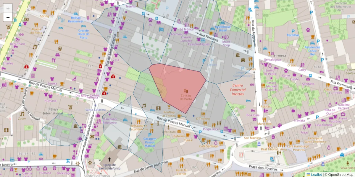Mapa detalhado do código postal 4050-385 com limites, códigos postais vizinhos e agências dos correios