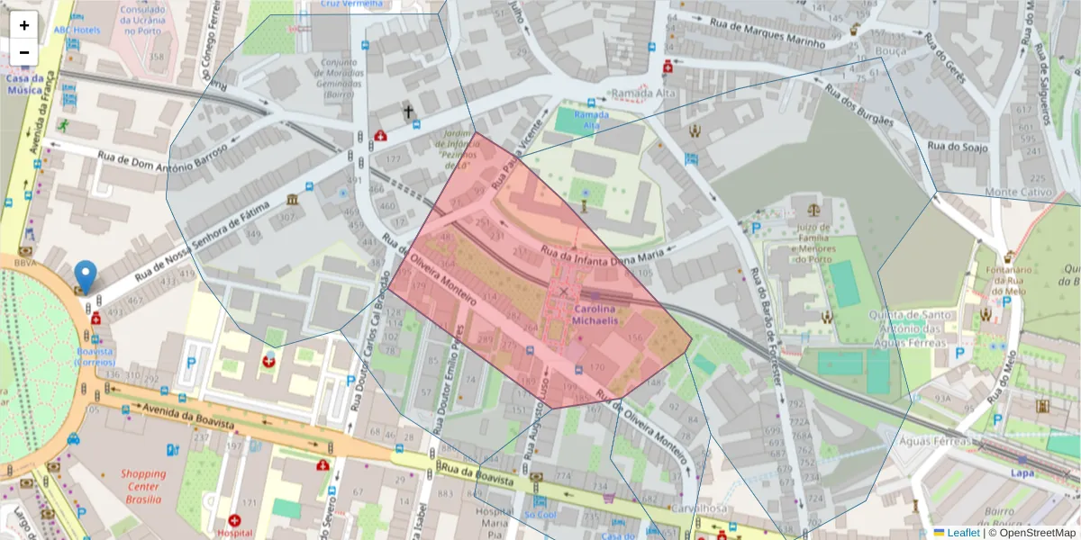Mapa detalhado do código postal 4050-439 com limites, códigos postais vizinhos e agências dos correios