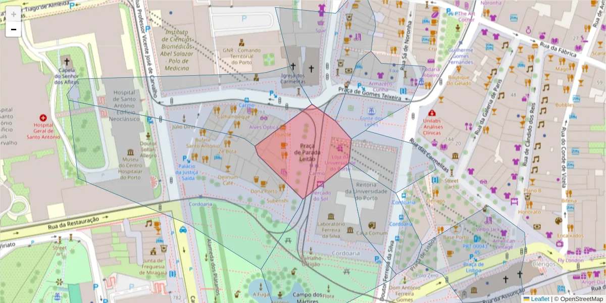 Mapa detalhado do código postal 4050-456 com limites, códigos postais vizinhos e agências dos correios