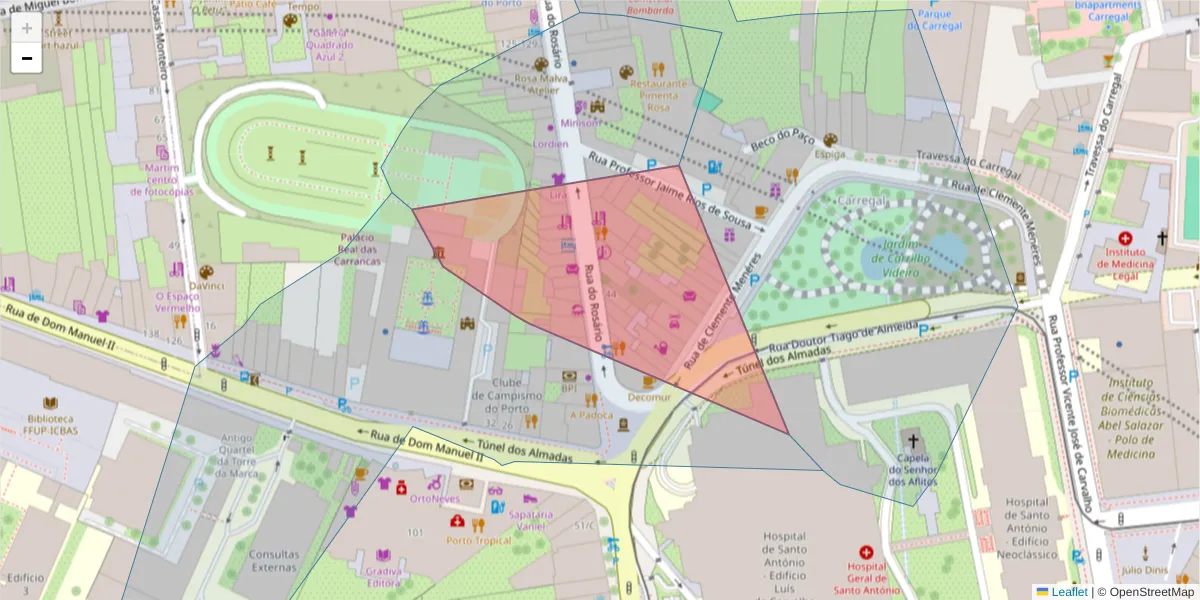 Mapa detalhado do código postal 4050-519 com limites, códigos postais vizinhos e agências dos correios