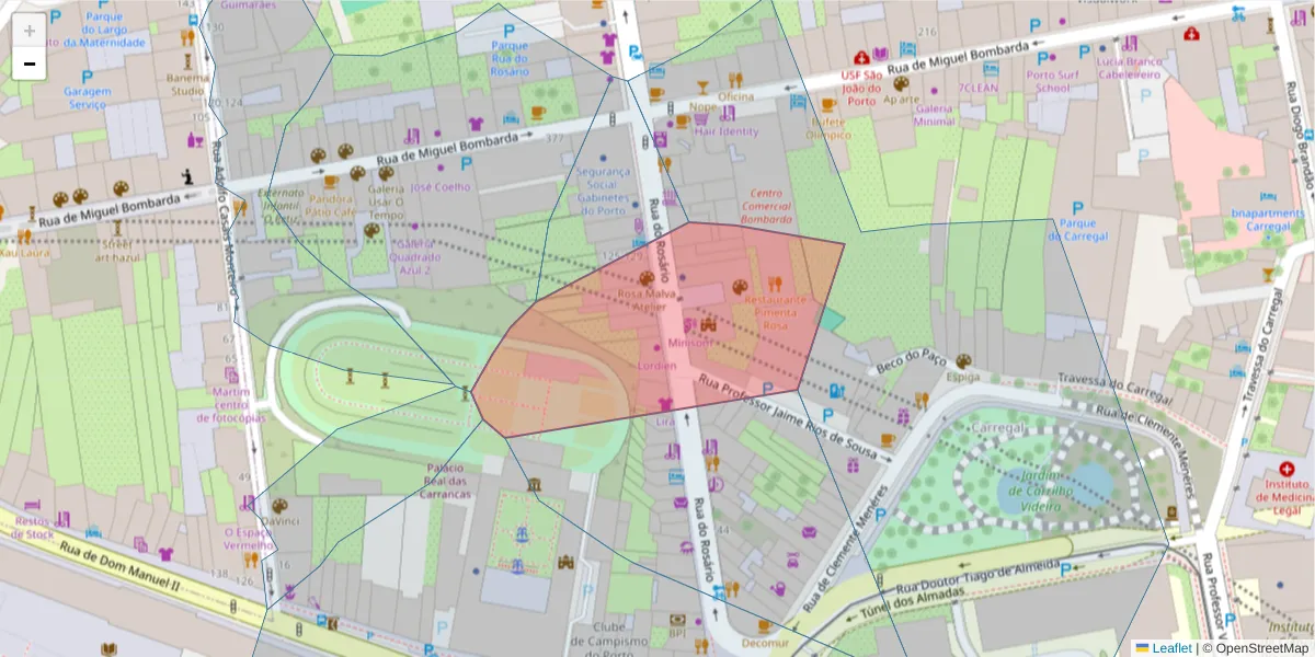 Mapa detalhado do código postal 4050-520 com limites, códigos postais vizinhos e agências dos correios