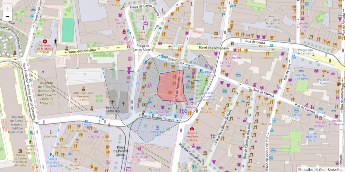 Mapa detalhado do código postal 4050-527 com limites, códigos postais vizinhos e agências dos correios