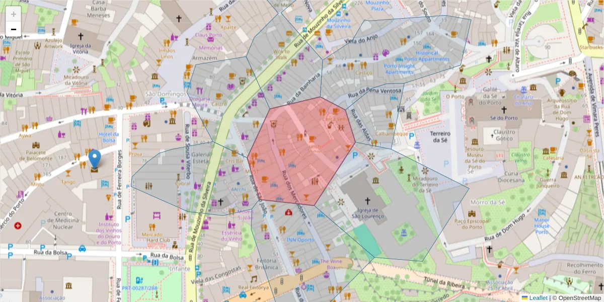 Mapa detalhado do código postal 4050-538 com limites, códigos postais vizinhos e agências dos correios