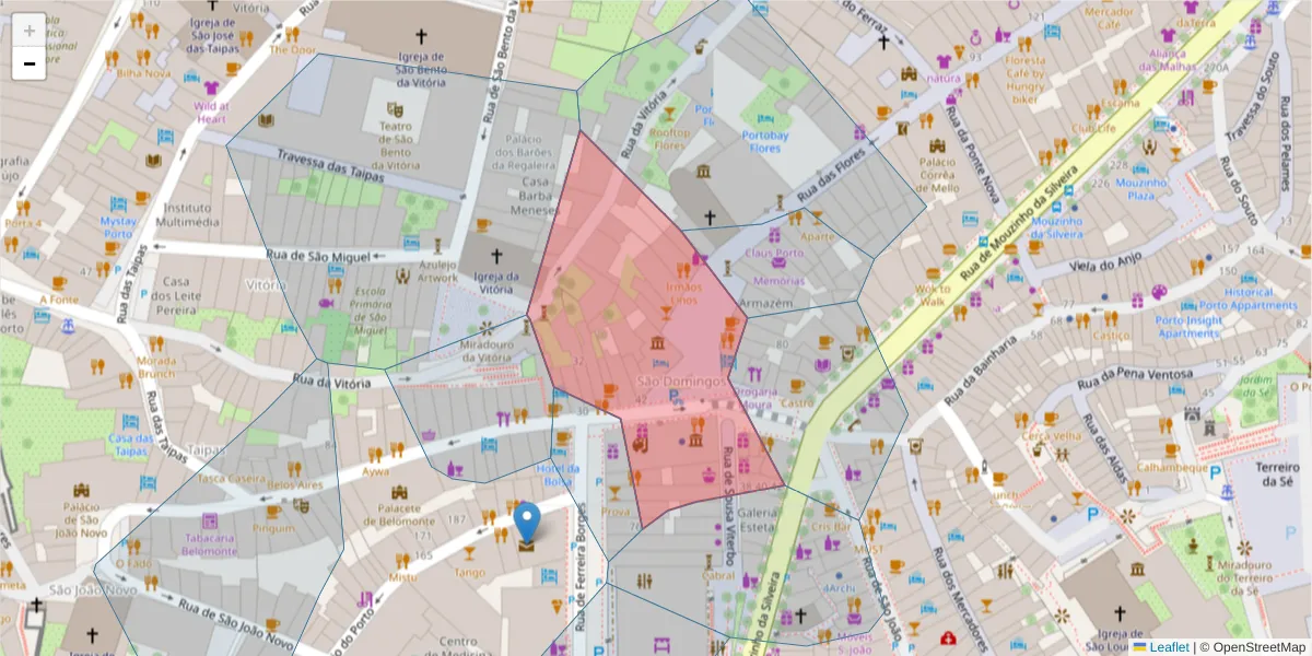 Mapa detalhado do código postal 4050-545 com limites, códigos postais vizinhos e agências dos correios