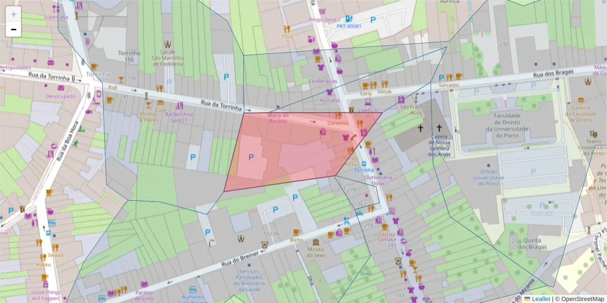 Mapa detalhado do código postal 4050-611 com limites, códigos postais vizinhos e agências dos correios