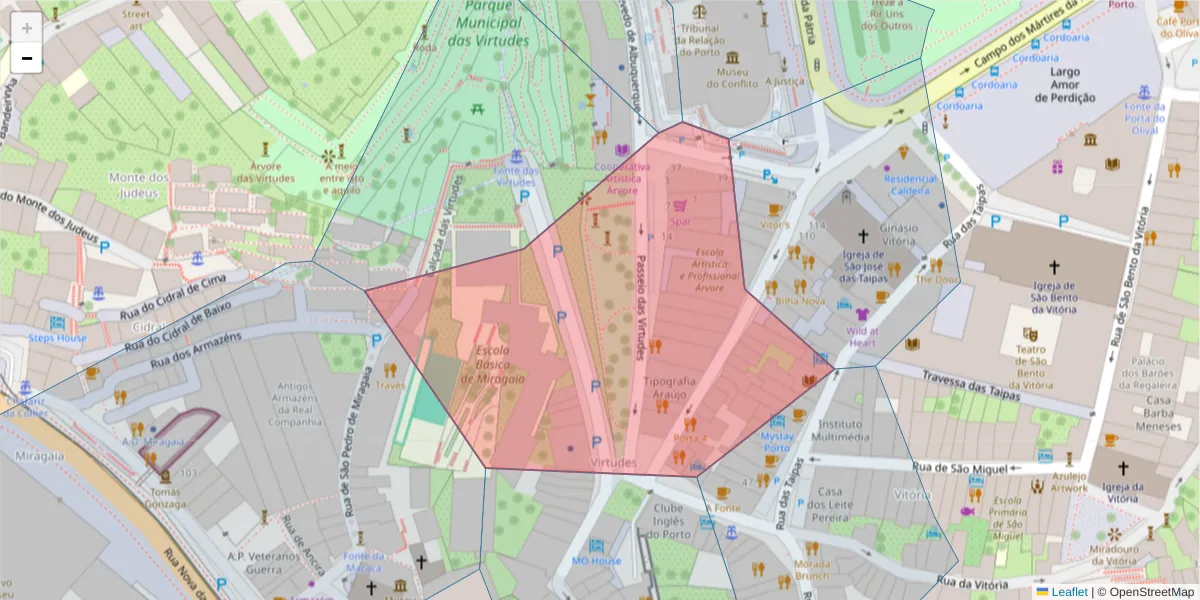 Mapa detalhado do código postal 4050-629 com limites, códigos postais vizinhos e agências dos correios