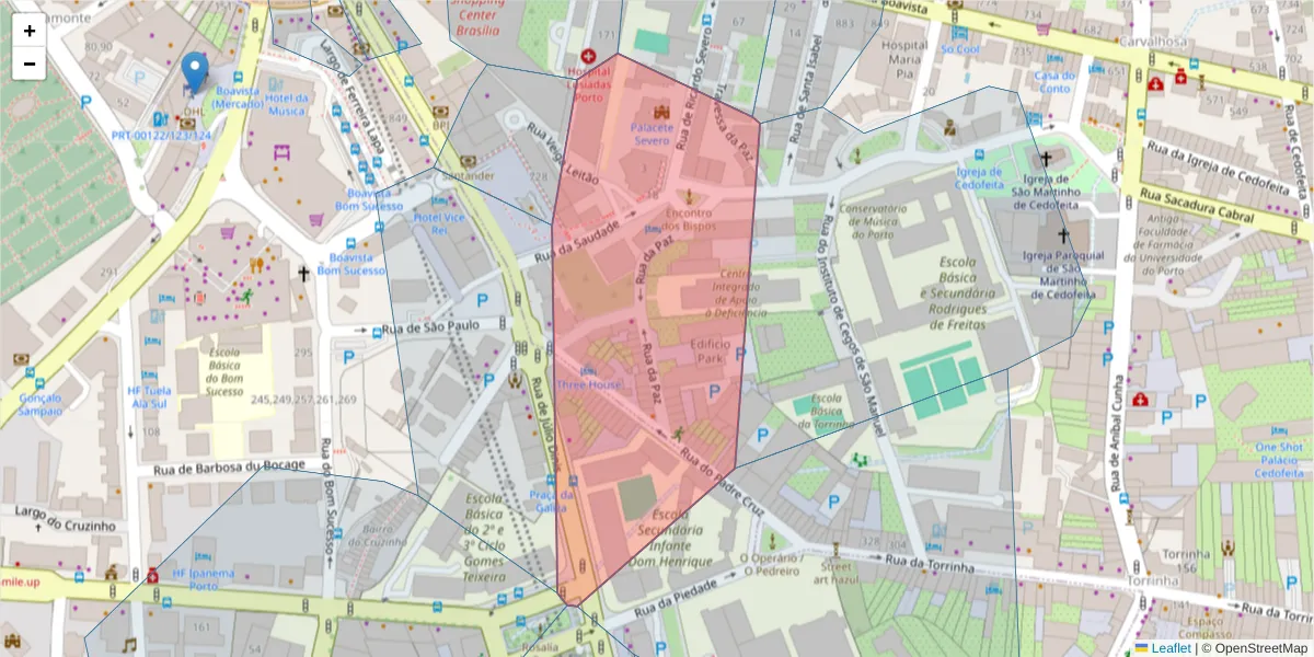 Mapa detalhado do código postal 4099-006 com limites, códigos postais vizinhos e agências dos correios