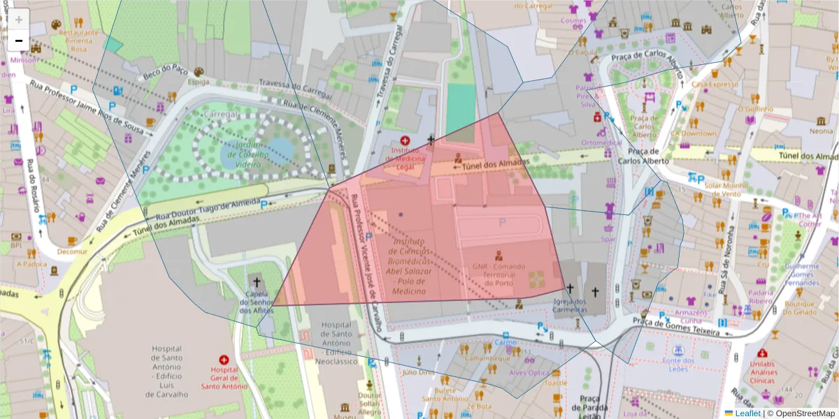 Mapa detalhado do código postal 4099-041 com limites, códigos postais vizinhos e agências dos correios