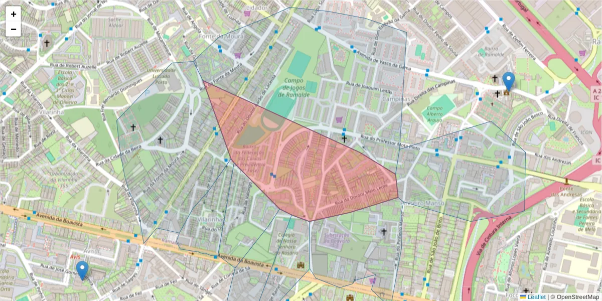 Mapa detalhado do código postal 4100-031 com limites, códigos postais vizinhos e agências dos correios