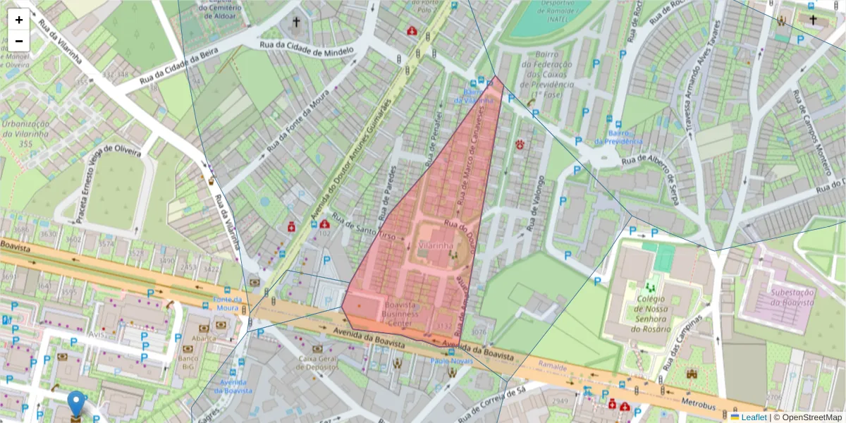 Mapa detalhado do código postal 4100-042 com limites, códigos postais vizinhos e agências dos correios