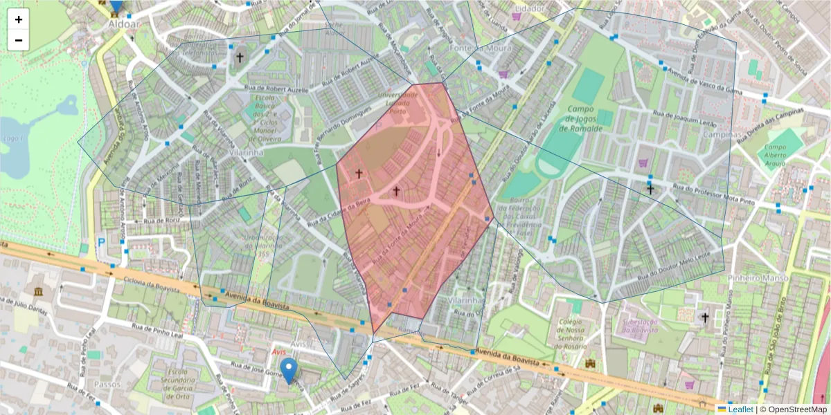 Mapa detalhado do código postal 4100-079 com limites, códigos postais vizinhos e agências dos correios
