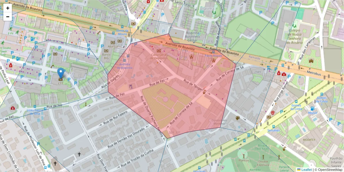 Mapa detalhado do código postal 4100-137 com limites, códigos postais vizinhos e agências dos correios