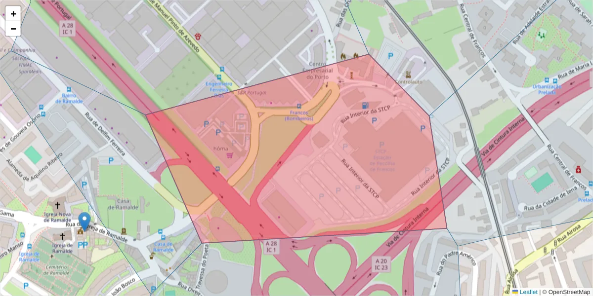 Mapa detalhado do código postal 4100-321 com limites, códigos postais vizinhos e agências dos correios