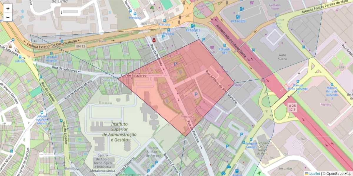 Mapa detalhado do código postal 4100-417 com limites, códigos postais vizinhos e agências dos correios