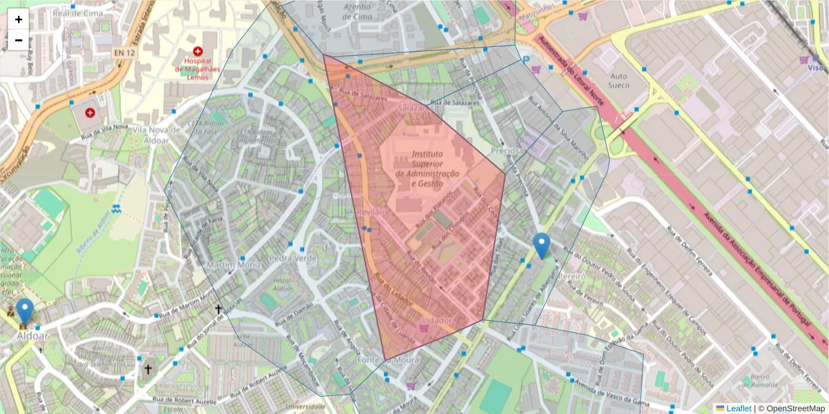 Mapa detalhado do código postal 4100 com limites, códigos postais vizinhos e agências dos correios