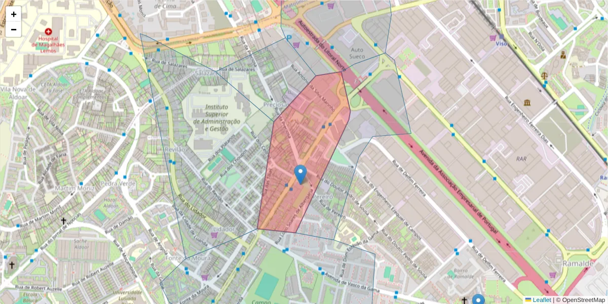 Mapa detalhado do código postal 4149-004 com limites, códigos postais vizinhos e agências dos correios
