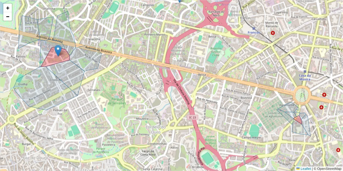 Mapa detalhado do código postal 4150-000 com limites, códigos postais vizinhos e agências dos correios