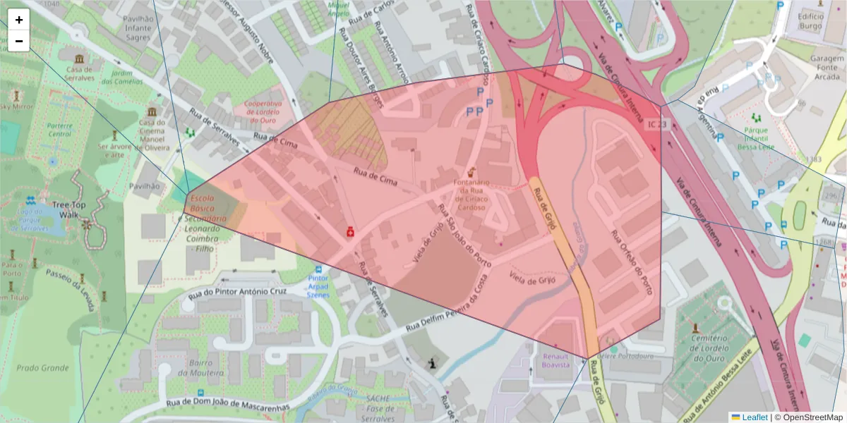 Mapa detalhado do código postal 4150-212 com limites, códigos postais vizinhos e agências dos correios
