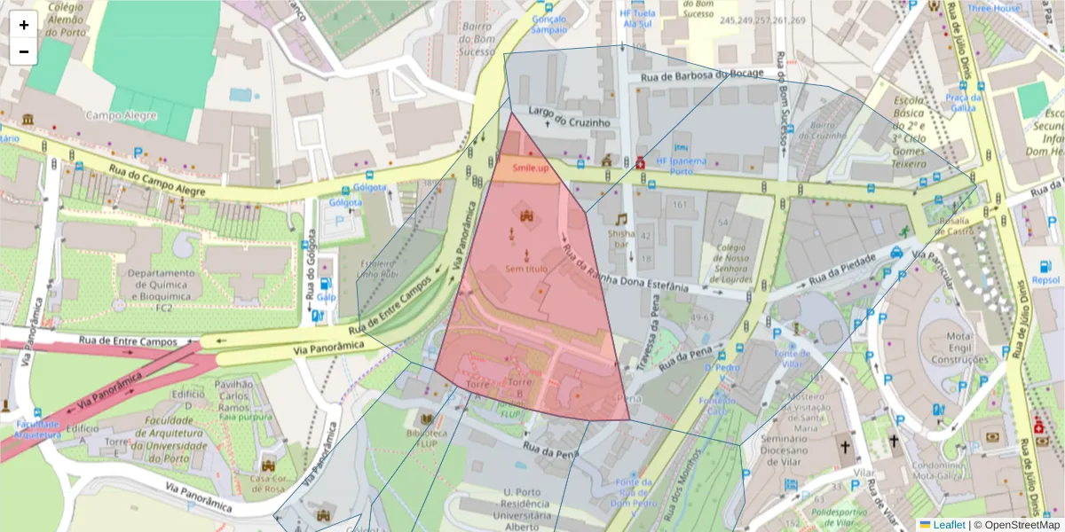Mapa detalhado do código postal 4150-304 com limites, códigos postais vizinhos e agências dos correios