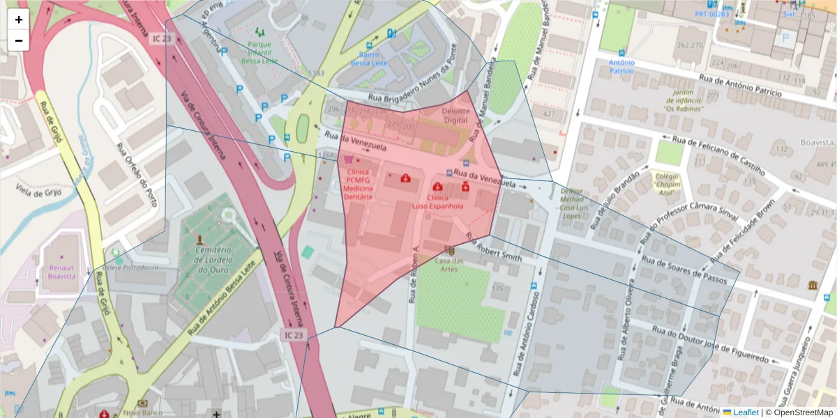 Mapa detalhado do código postal 4150-744 com limites, códigos postais vizinhos e agências dos correios