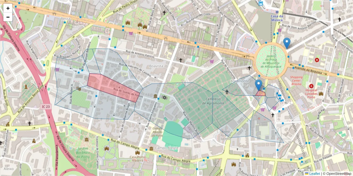 Mapa detalhado do código postal 4150 com limites, códigos postais vizinhos e agências dos correios