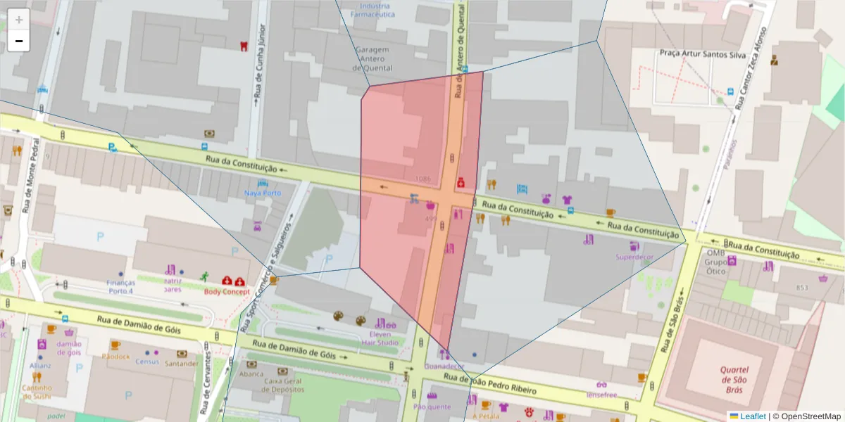 Mapa detalhado do código postal 4200-065 com limites, códigos postais vizinhos e agências dos correios