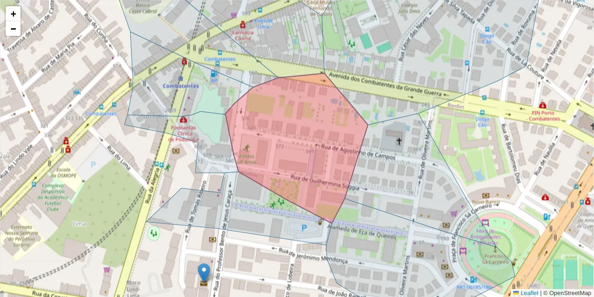 Mapa detalhado do código postal 4200-132 com limites, códigos postais vizinhos e agências dos correios