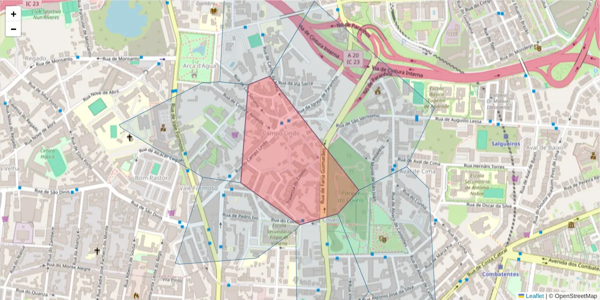 Mapa detalhado do código postal 4200-143 com limites, códigos postais vizinhos e agências dos correios