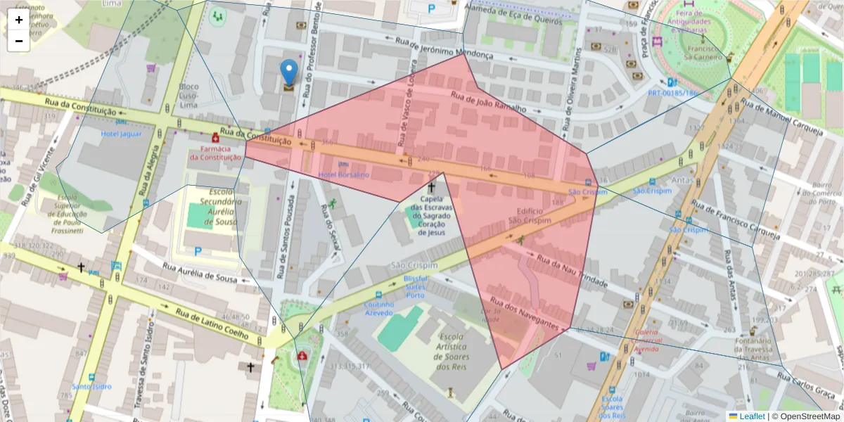 Mapa detalhado do código postal 4200-154 com limites, códigos postais vizinhos e agências dos correios