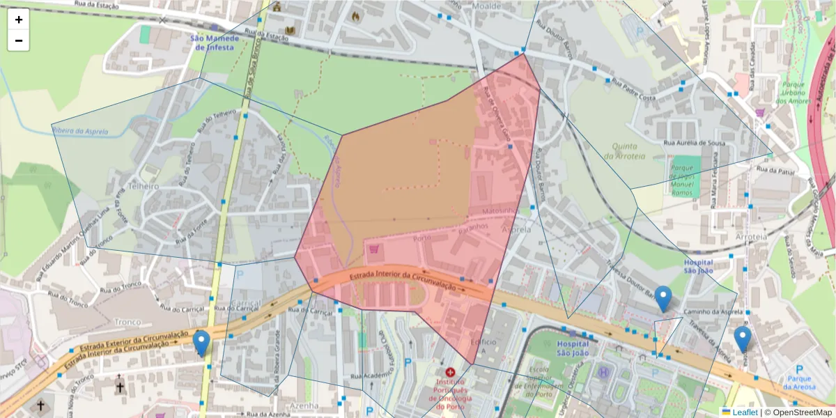 Mapa detalhado do código postal 4200-163 com limites, códigos postais vizinhos e agências dos correios