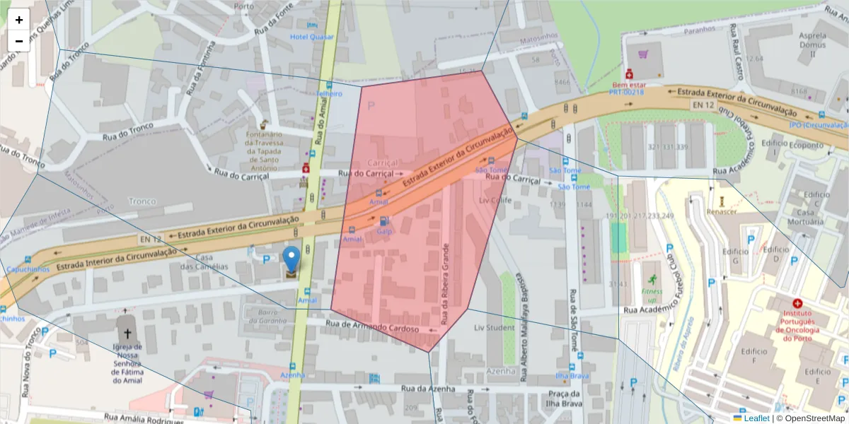 Mapa detalhado do código postal 4200-180 com limites, códigos postais vizinhos e agências dos correios