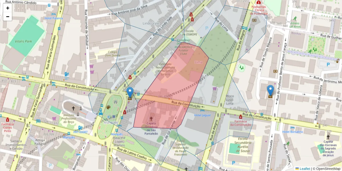 Mapa detalhado do código postal 4200-192 com limites, códigos postais vizinhos e agências dos correios