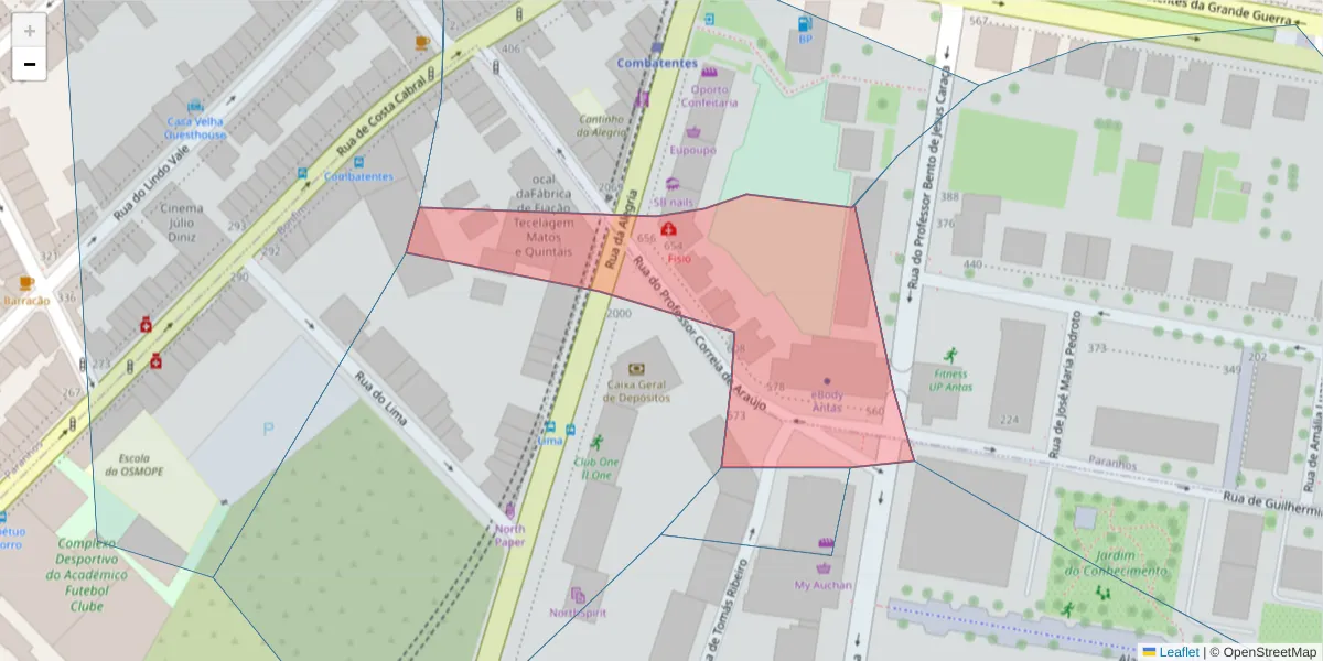 Mapa detalhado do código postal 4200-205 com limites, códigos postais vizinhos e agências dos correios
