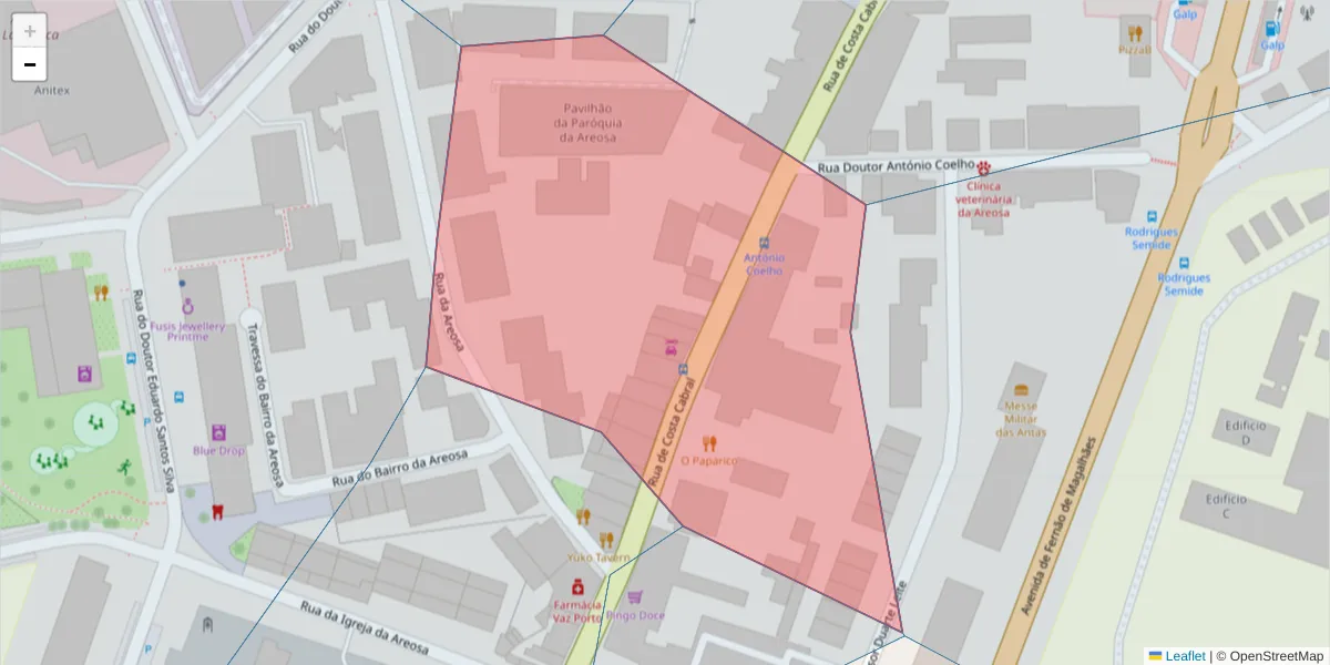 Mapa detalhado do código postal 4200-233 com limites, códigos postais vizinhos e agências dos correios