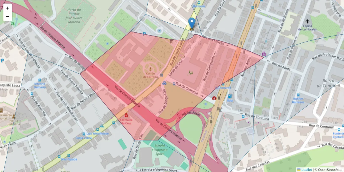 Mapa detalhado do código postal 4200-247 com limites, códigos postais vizinhos e agências dos correios