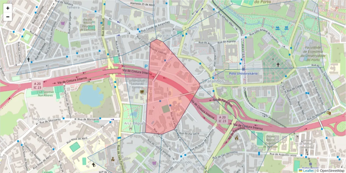 Mapa detalhado do código postal 4200-256 com limites, códigos postais vizinhos e agências dos correios