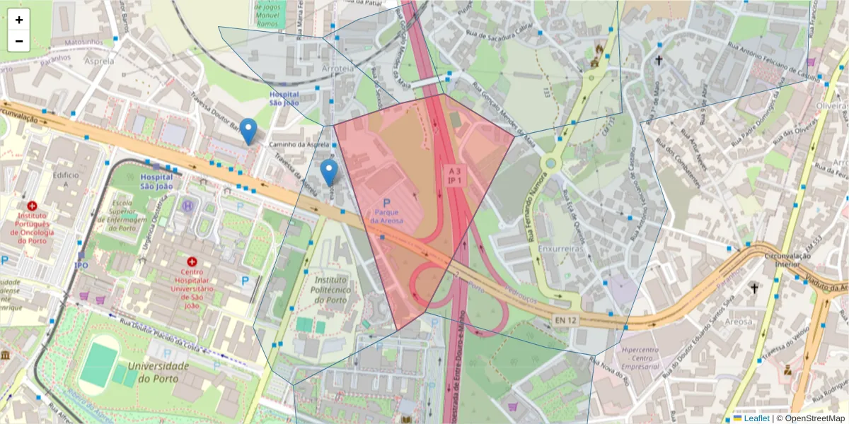 Mapa detalhado do código postal 4200-287 com limites, códigos postais vizinhos e agências dos correios