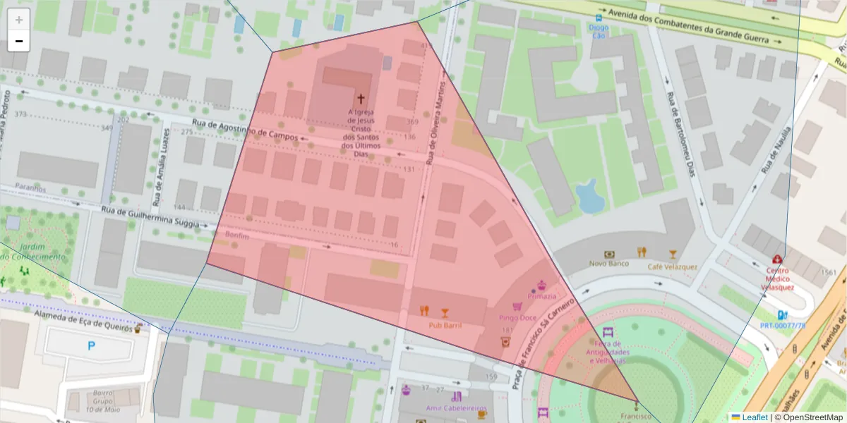 Mapa detalhado do código postal 4200-313 com limites, códigos postais vizinhos e agências dos correios