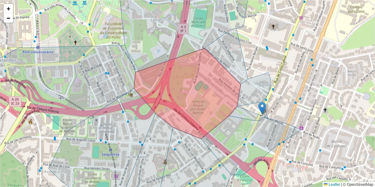 Mapa detalhado do código postal 4200-322 com limites, códigos postais vizinhos e agências dos correios