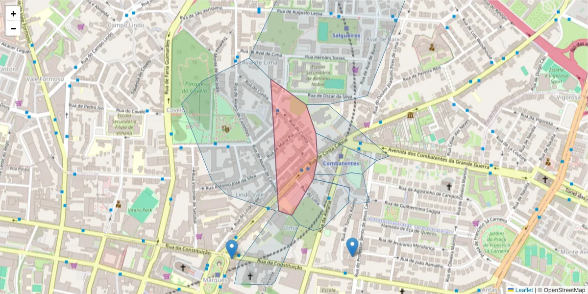 Mapa detalhado do código postal 4200-372 com limites, códigos postais vizinhos e agências dos correios