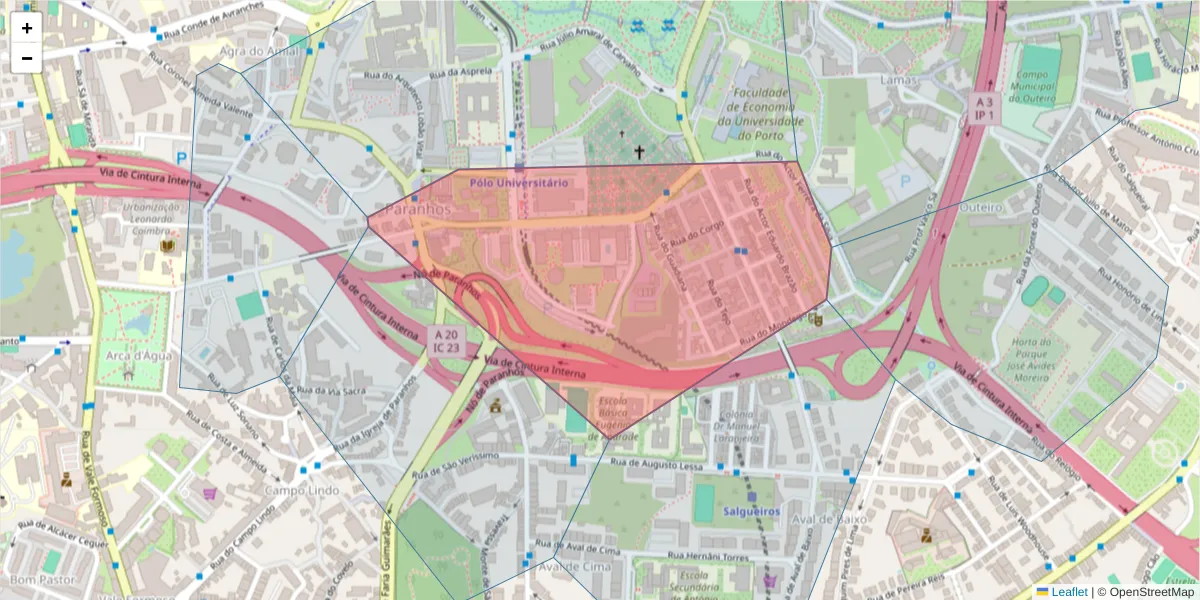 Mapa detalhado do código postal 4200-393 com limites, códigos postais vizinhos e agências dos correios